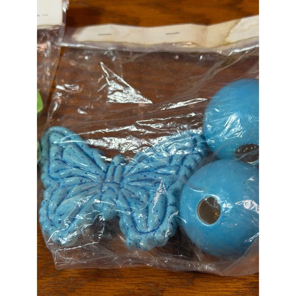 Vintage Butterfly Macrame Beads Ceramic Green Blue Boho Craft Jewelry Lot 7pc
